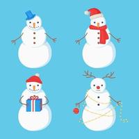 Set of new year snowman characters in flat cartoon style vector