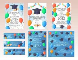 tarjetas de invitación de fiesta de graduación y juego de pancartas 2022 tarjeta divertida. cielo con globos. vector