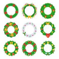 Christmas wreath set with balls bows bells candy and flowers in cartoon style. vector