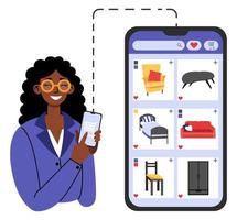 pedido de muebles en línea. mujer africana que usa la aplicación y compra en línea con el teléfono. compras en casa. ilustración de vector plano sobre un fondo blanco.