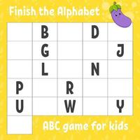 Finish the alphabet. ABC game for kids. Education developing worksheet. Learning game for kids. Color activity page. vector