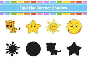 Find the correct shadow. Education developing worksheet. Matching game for kids. Color activity page. Puzzle for children. Cute character. Vector illustration. Cartoon style.