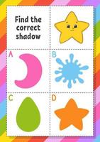 Find the correct shadow. Education developing worksheet for kids. Puzzle game. Activity page. cartoon character. Vector illustration.