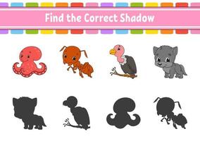 Find the correct shadow. Education developing worksheet. Matching game for kids. Color activity page. Puzzle for children. Cute character. Vector illustration. Cartoon style.