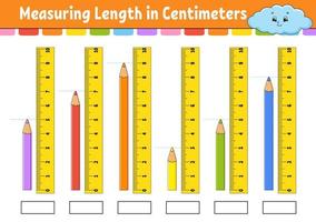 Measuring length in centimeter with ruler. Education developing worksheet. Game for kids. Color activity page. Puzzle for children. Cute character. Vector illustration. cartoon style.