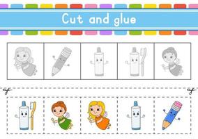 Cut and play. Paper game with glue. Flash cards. Education worksheet. Activity page. Scissors practice. Isolated vector illustration. cartoon style.