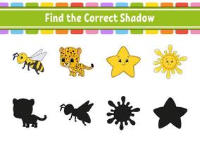 Find the correct shadow. Education developing worksheet. Matching game for kids. Color activity page. Puzzle for children. Cute character. Vector illustration. Cartoon style.