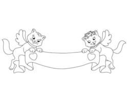 A cute couple of cats is holding a blank banner. Coloring book page for kids. Valentine's Day. Cartoon style character. Vector illustration isolated on white background.