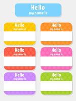 Hello name badge. Bright stickers. Rectangular label. Color vector isolated illustration.