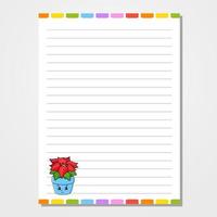 Sheet template for notebook, notepad, diary. Lined paper. Cute character. With a color image. Isolated vector illustration. cartoon style.