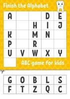 Finish the alphabet. ABC game for kids. Cut and glue. Education developing worksheet. Learning game for kids. Color activity page. vector