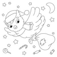 An owl in a hat flies with a sack of Christmas gifts. Coloring book page for kids. Cartoon style character. Vector illustration isolated on white background.