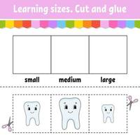 Learning sizes. Cut and glue. Easy level. Color activity worksheet. Game for children. Cartoon character. Vector illustration.