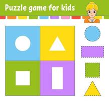 Puzzle game for kids. Cut and paste. Cutting practice. Learning shapes. Education worksheet. Circle, square, rectangle, triangle. Activity page. Cartoon character. vector