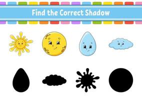 Find the correct shadow. Education developing worksheet. Matching game for kids. Color activity page. Puzzle for children. Cute character. Vector illustration. Cartoon style.