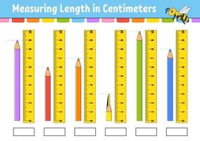 Measuring length in centimeter with ruler. Education developing worksheet. Game for kids. Color activity page. Puzzle for children. Cute character. Vector illustration. cartoon style.