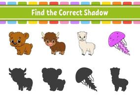 Find the correct shadow. Education developing worksheet. Matching game for kids. Color activity page. Puzzle for children. Cute character. Vector illustration. Cartoon style.