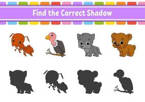 Find the correct shadow. Education developing worksheet. Matching game for kids. Color activity page. Puzzle for children. Cute character. Vector illustration. Cartoon style.