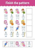 Finish the pattern. Cut and play. Education developing worksheet. Activity page. cartoon character. Vector illustration.