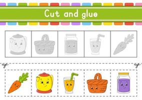 Cut and play. Paper game with glue. Flash cards. Education worksheet. Activity page. Scissors practice. Isolated vector illustration. cartoon style.