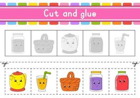 Cut and play. Paper game with glue. Flash cards. Education worksheet. Activity page. Scissors practice. Isolated vector illustration. cartoon style.