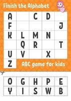 Finish the alphabet. ABC game for kids. Cut and glue. Education developing worksheet. Learning game for kids. Color activity page. vector