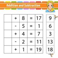 Addition and subtraction. Task for kids. Cut and paste. Education developing worksheet. Activity page. Game for children. Funny character. Isolated vector illustration. cartoon style.