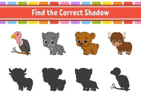 Find the correct shadow. Education developing worksheet. Matching game for kids. Color activity page. Puzzle for children. Cute character. Vector illustration. Cartoon style.