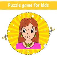 Cut and play. Round puzzle. Logic puzzle for kids. Activity page. Cutting practice for preschool. cartoon character. vector