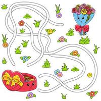 Funny maze for kids. Puzzle for children. cartoon character. Labyrinth conundrum. Color vector illustration. Find the right path. Valentine's Day