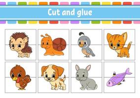 Cut and glue. Set flash cards. Color puzzle. Education developing worksheet. Activity page. Animal theme. Game for children. Funny character. Isolated vector illustration. cartoon style.