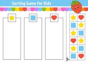 Sorting game. Shapes and colors. Cut and glue. Education developing worksheet. Game for kids. Color activity page. Puzzle for children. Cute character. Vector illustration. cartoon style.