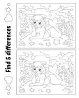Find five differences. Coloring page for kids. Activity worksheet for children. Vector illustration isolated on white background.