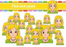 Find and count. Education developing worksheet. Activity page. Puzzle game for children. Logical thinking training. Isolated vector illustration. cartoon character.