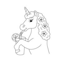 Cute unicorn is drinking juice. Coloring book page for kids. Cartoon style character. Vector illustration isolated on white background.