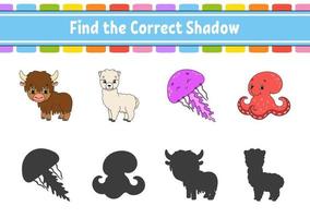 Find the correct shadow. Education developing worksheet. Matching game for kids. Color activity page. Puzzle for children. Cute character. Vector illustration. Cartoon style.