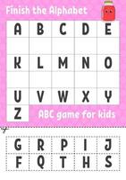 Finish the alphabet. ABC game for kids. Cut and glue. Education developing worksheet. Learning game for kids. Color activity page. vector