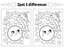 Find five differences. Coloring page for kids. Activity worksheet for children. Vector illustration isolated on white background.