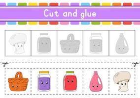 Cut and play. Paper game with glue. Flash cards. Education worksheet. Activity page. Scissors practice. Isolated vector illustration. cartoon style.