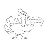 A farm turkey carries a pumpkin pie. Coloring book page for kids. Thanksgiving Day. Cartoon style. Vector illustration isolated on white background.
