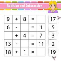 Addition and subtraction. Task for kids. Cut and paste. Education developing worksheet. Activity page. Game for children. Funny character. Isolated vector illustration. cartoon style.