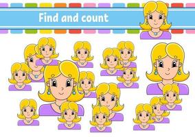 Find and count. Education developing worksheet. Activity page. Puzzle game for children. Logical thinking training. Isolated vector illustration. cartoon character.