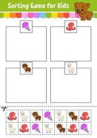 Sorting game for kids. Cut and glue. Education developing worksheet. Matching game for kids. Color activity page. Puzzle for children. Cute character. Vector illustration. cartoon style.