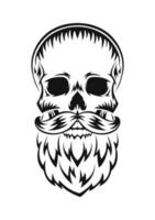 Human skull with beard and mustache. Black silhouette. Design element. Hand drawn sketch. Vintage style. Vector illustration.