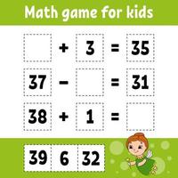 juego de matemáticas para niños. hoja de trabajo de desarrollo educativo. página de actividades con imágenes. juego para niños. Ilustración de vector aislado de color. personaje divertido. estilo de dibujos animados.