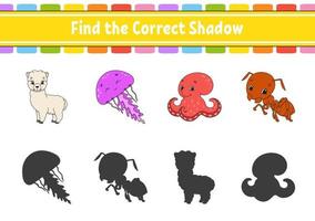 Find the correct shadow. Education developing worksheet. Matching game for kids. Color activity page. Puzzle for children. Cute character. Vector illustration. Cartoon style.