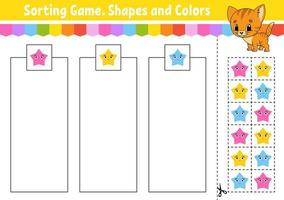 Sorting game. Shapes and colors. Cut and glue. Education developing worksheet. Game for kids. Color activity page. Puzzle for children. Cute character. Vector illustration. cartoon style.