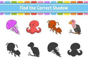 Find the correct shadow. Education developing worksheet. Matching game for kids. Color activity page. Puzzle for children. Cute character. Vector illustration. Cartoon style.