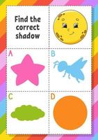 Find the correct shadow. Education developing worksheet for kids. Puzzle game. Activity page. cartoon character. Vector illustration.