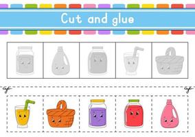 Cut and play. Paper game with glue. Flash cards. Education worksheet. Activity page. Scissors practice. Isolated vector illustration. cartoon style.